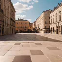 a walkway with lots of brown buildings in the distance