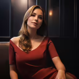the beautiful woman in red is sitting down