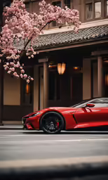 an electric sports car is parked under a cherry blossom tree