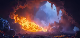 a large fire burning inside of a cave