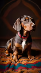 a dachshund puppy sitting on a blanket