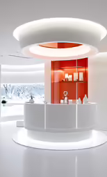 a modern bathroom with an orange light at the ceiling