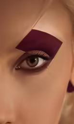 a model with eyeshade and makeup, her eye color is purple