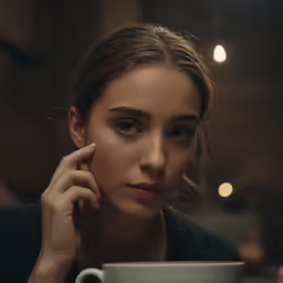 a woman holding a coffee cup staring at the camera