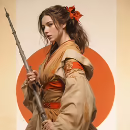 a woman in costume holds a very large, wooden stick