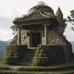 the corner building has two stairs and two towers