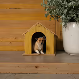 a small dog sits in his doggy house