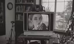 a small tv in front of a window and a camera on the shelf