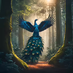the bird is spread its wings in the forest
