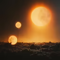 there are two birds sitting on the grass at sunset