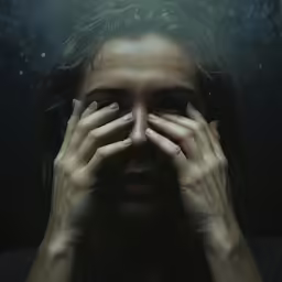 a man hiding his face with hands while under water