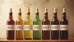 seven bottles are displayed next to each other