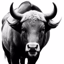 the head of a cow with large horns