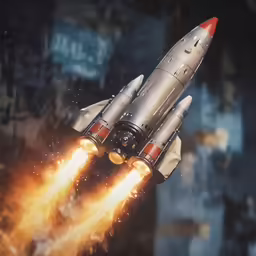 a gray and red space rocket with two lights on