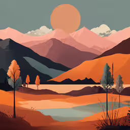 the orange mountain range is covered with a pink sunrise,an image of a beautiful desert scene with some trees