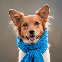 a dog that has some blue blankets around his neck