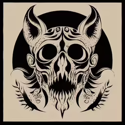 a skull with horns and wings on its face