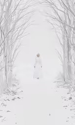 a woman in a white dress walking through the snow under trees