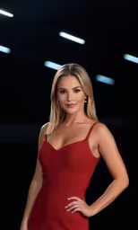 a young woman in a red dress poses for a photo