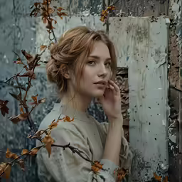 a woman standing next to a wall holding her hand on her face