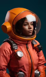 a woman wearing an orange space suit and helmet