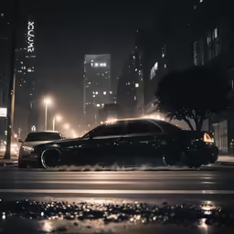 a black suv sits on the corner in the city at night