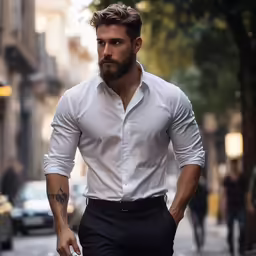 a man in a shirt and tie, walking down the street