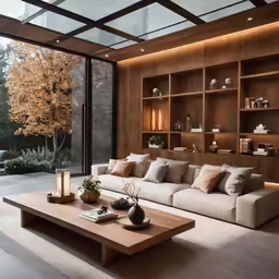 a room with a couch, table and lamp