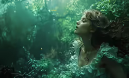 a woman dressed as a fairy standing in a forest