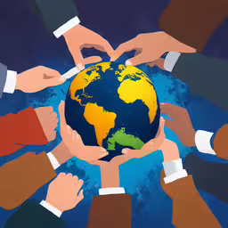 a globe surrounded by hands as if they were helping each other,hands holding the earth together on top of one another