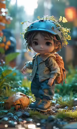 a boy wearing a little blue helmet and blue overalls