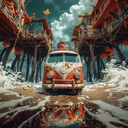the image has a man in an orange van