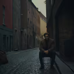a man sitting on a chair with his hand crossed next to him