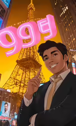 a man standing next to a tall, neon sign