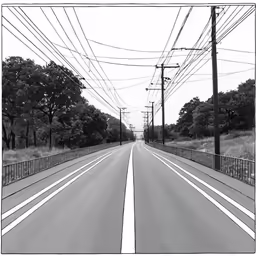 a long view of a road with lots of wires above