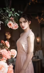 a woman with flowers in her hand and a vase with roses