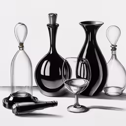 four bottles are lined up with their tops turned backwards