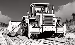 black and white photo of a person in front of a large tractor,a black and white photo of a construction site