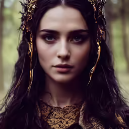 a woman with an elaborate crown and wreath on her head