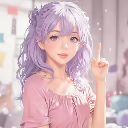 an anime woman has long purple hair and a finger sign
