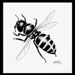 a black and white bee with striped stripes on it