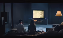 a couple watching tv sitting on a couch