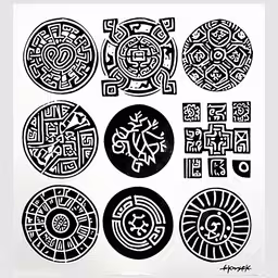 a drawing on paper of many patterns in different positions,a set of six circular designs with two lizards on the top