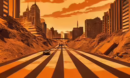 a car driving down a road with tall buildings in the background