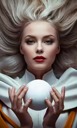 a woman with blonde hair holding up a white ball