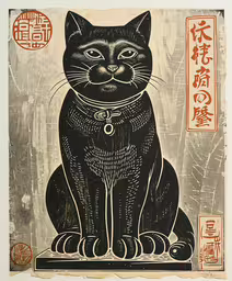 an illustrated book with an illustration of a black cat sitting in front of chinese writing,an illustration of a cat sitting in front of asian writing