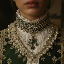 a close up of a person wearing a necklace with some beads