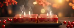 a display with candles decorated with red hot sausage
