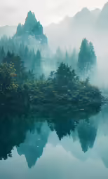 a lake and forest in the foggy mountains
