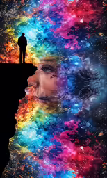 a man looking into a colorful space while standing at the edge of a cliff